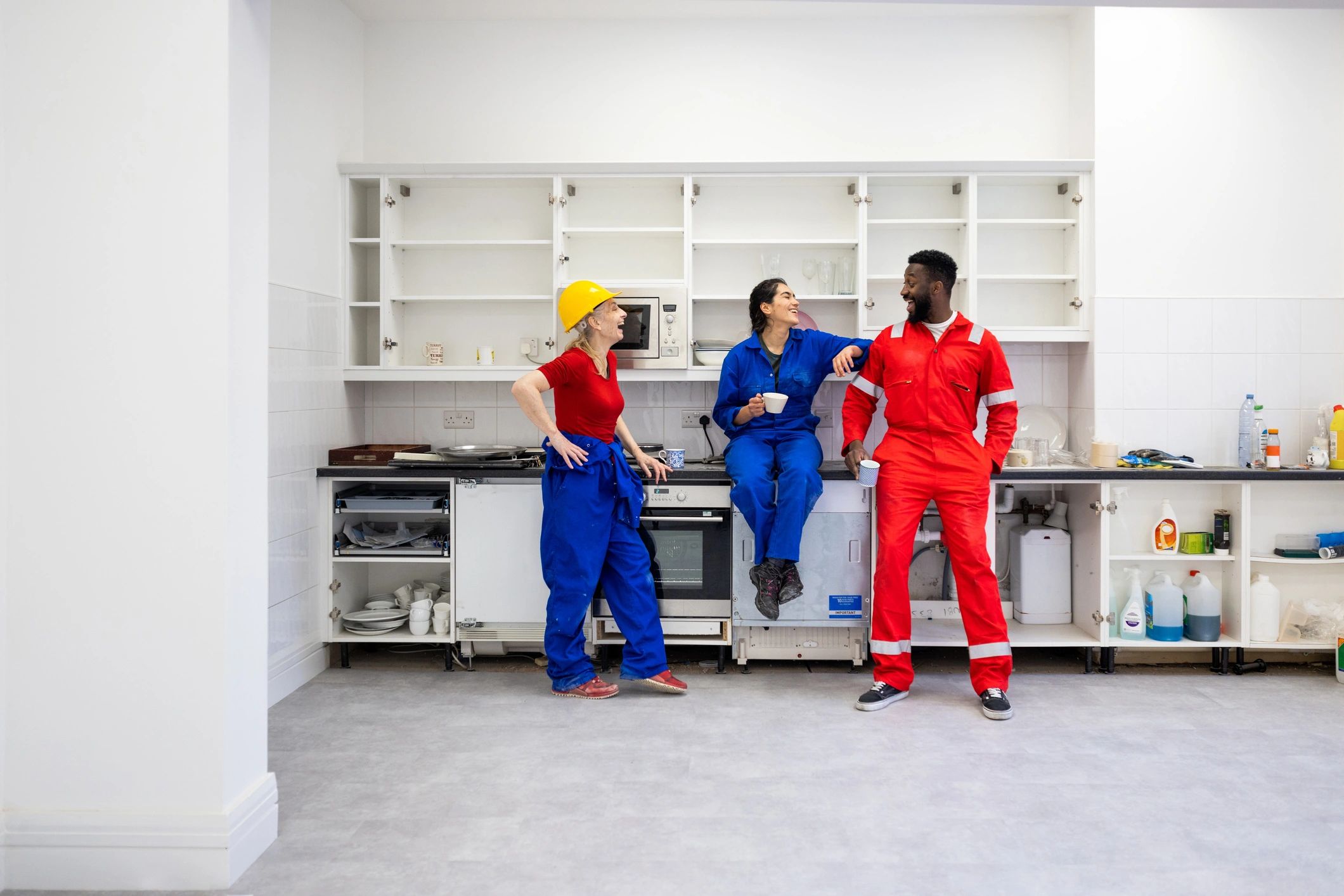Service team members taking a break during a renovation project